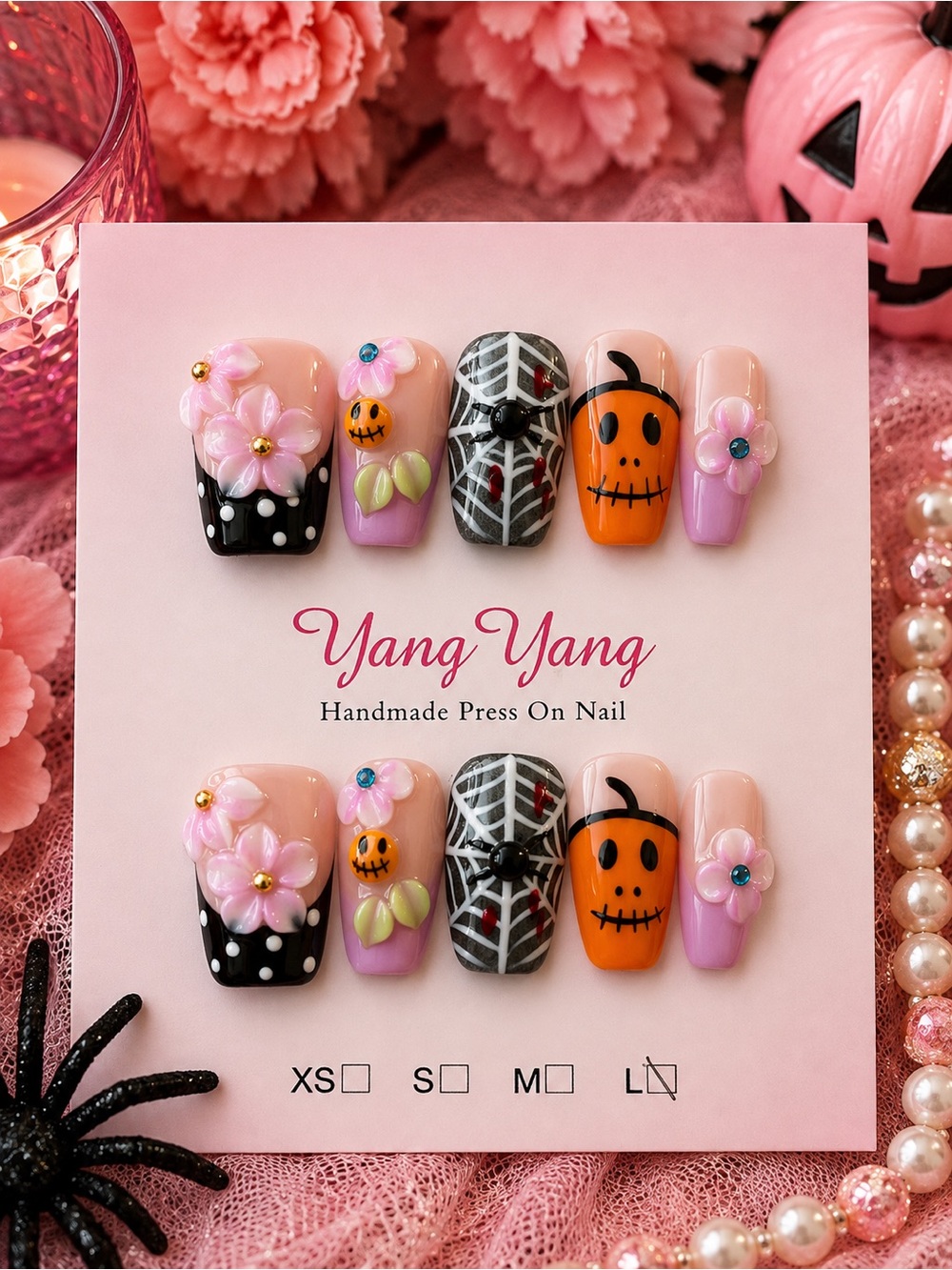🎃🌸 Pink Floral Halloween Pumpkin & Spider Press-On Nails